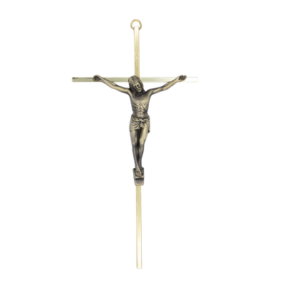 Antique Brass Finish Slim Line Crucifix with Bronze Corpus – 10 inches