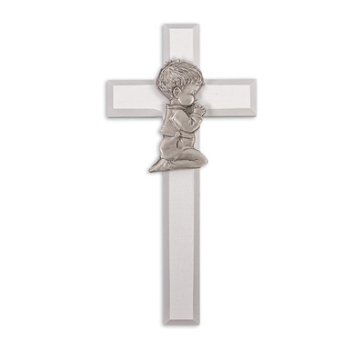 White Wood Cross with Praying Boy, 7"