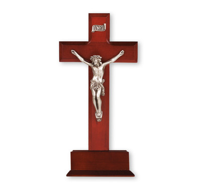 Dark Cherry Wood Standing Crucifix, 10"