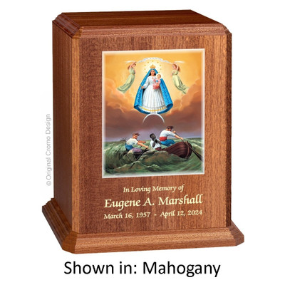Our Lady of Charity Mahogany Wood Urn 