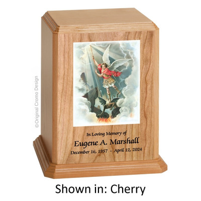 Saint Michael Archangel Cherry Wood Urn 