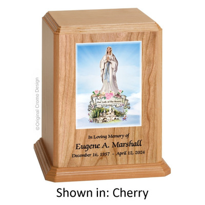 Our Lady of the Rosary Cherry Wood Urn 