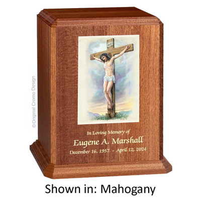 Crucifixion Mahogany Wood Urn 