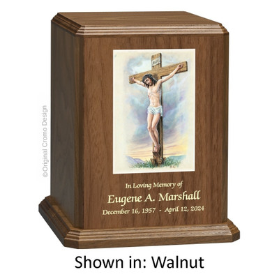 Crucifixion Walnut Wood Urn 