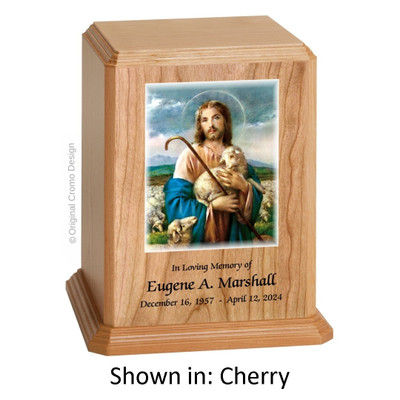 Jesus Shepherd Cherry Wood Urn 