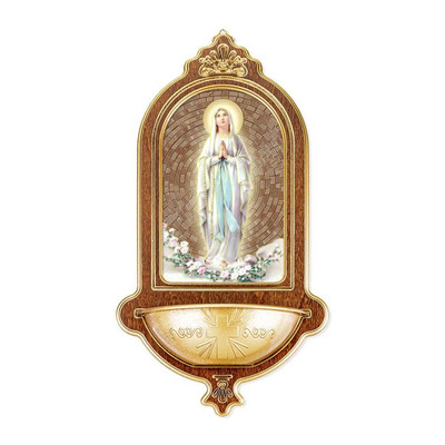 Our Lady of Lourdes Wooden Gold Foil Mosaic Water Font.