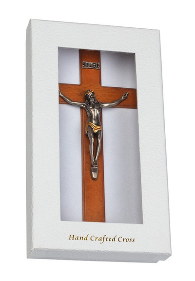 Walnut Finish Wood Crucifix with Antique Silver Corpus and Gold Accents - 10-inch