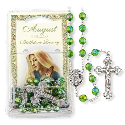 Quality aurora borealis faceted colorful and inexpensive Catholic rosaries. Our beautiful 8 mm Aurora Borealis Faceted Acrylic Birthstone Bead Rosary has a detailed silver oxidized 'Mary' center and stunning crucifix.