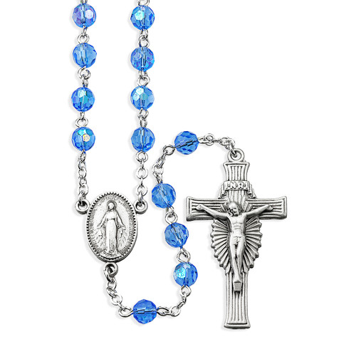 6mm Sapphire Faceted Tin Cut Glass Bead Rosary with Genuine Pewter Sun Burst Crucifix and Miraculous Medal Centerpiece