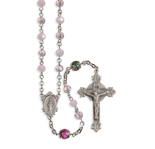 8mm Pink Rose Opal Rose Faceted 5mm Glass Bead with New England Pewter Crucifix and Center
