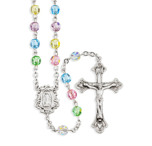 Sterling Silver Rosary Hand Made with finest Austrian Crystal 6mm Multi-Color Faceted Round Beads by HMH