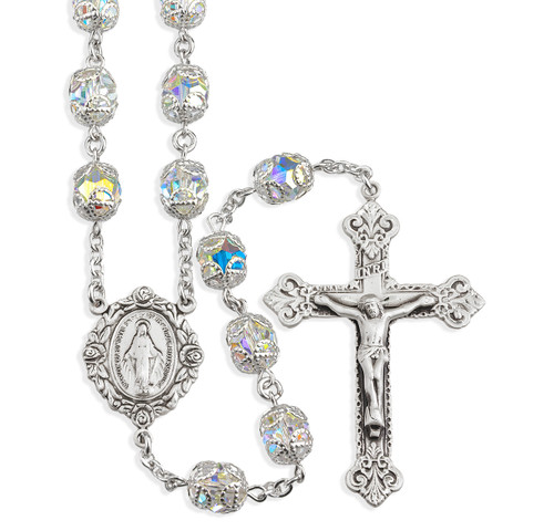 Sterling Silver Rosary Hand Made with finest Austrian Crystal 8mm Aurora Borealis Double Capped Beads by HMH
