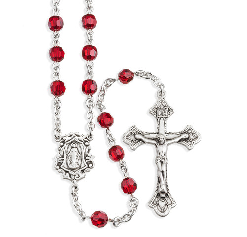 Rosary Sterling Crucifix and Centerpiece Created with finest Austrian Crystal 6mm Faceted Round Ruby Beads by HMH