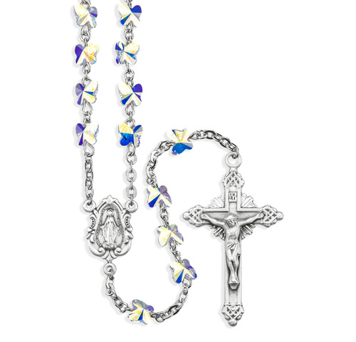 Rosary Sterling Crucifix and Centerpiece Created with finest Austrian Crystal 6mm Butterfly Beads in Aurora Borealis by HMH