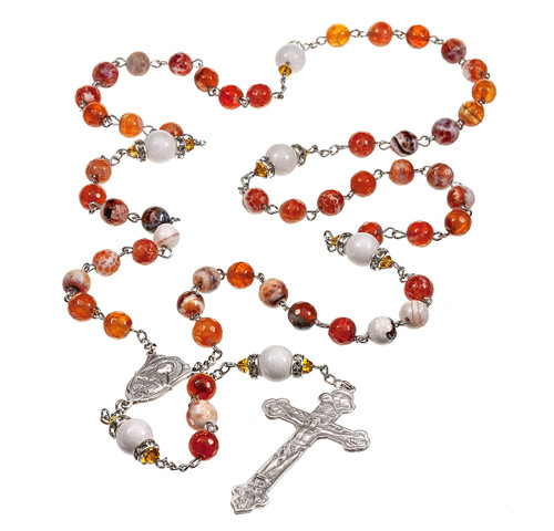 White and Rust Onyx Gemstone 8mm Bead Rosary with Genuine Pewter Crucifix and Centerpiece