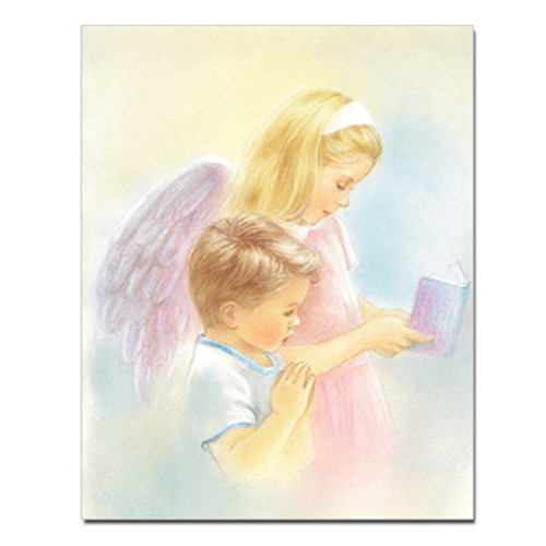ANGEL OVERLOOKING BOY PRAYING W/BOOK CARDED 8x10 PRINT FOR FRAMING