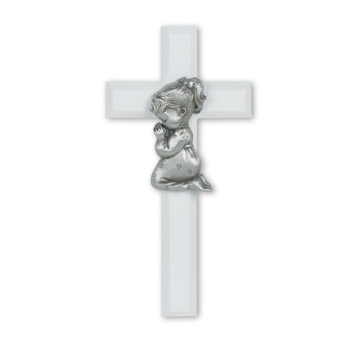 White Wood Cross with Praying Girl, 7"