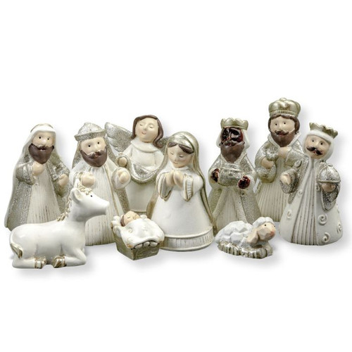 10 Pc 3" White Resin Glitter with Gold Accent Nativity Set