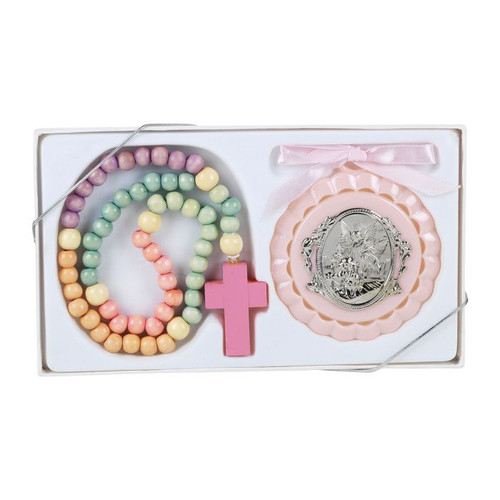 Pink Crib Medal And Wooden Rosary Set