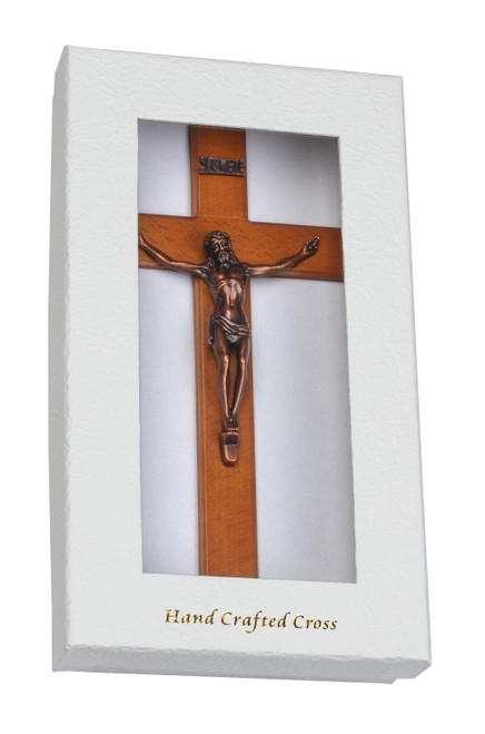 Wall Walnut Finish Wood Crucifix with Antique Copper Corpus - 10-inch Wall Walnut Finish Wood Crucifix with Antique Copper Corpus - 10-inch