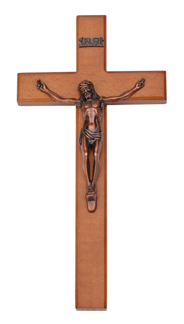 Wall Walnut Finish Wood Crucifix with Antique Copper Corpus  - 10-inch