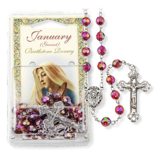 Quality aurora borealis faceted colorful and inexpensive Catholic rosaries. Our beautiful 8 mm Aurora Borealis Faceted Acrylic Birthstone Bead Rosary has a detailed silver oxidized 'Mary' center and stunning crucifix.
