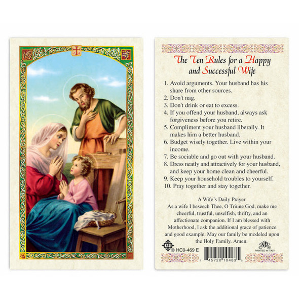 Holy Family - The Ten Rules For A Happy And Successful Wife  Laminated Prayer Cards