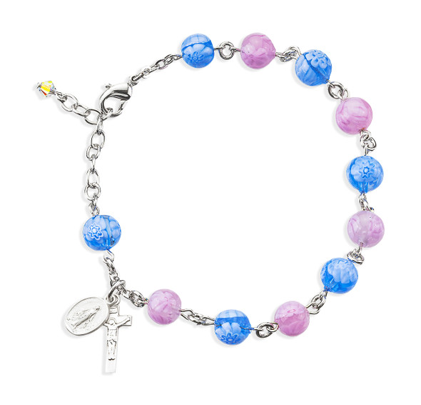 Blue and Pink Venetian Round Glass Bead Sterling Silver Rosary Bracelet