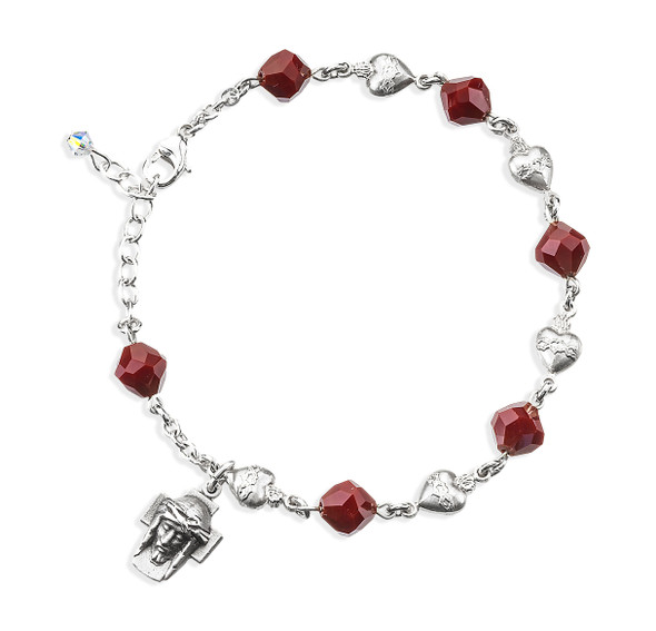 Red Coral Faceted Crystal Sacred Heart Bead Sterling Silver Rosary Bracelet