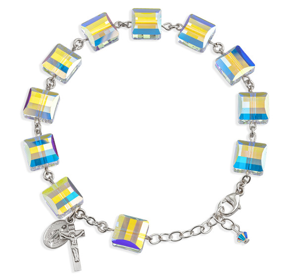 Sterling Silver Rosary Bracelet Created with 10mm Aurora Borealis Finest Austrian Crystal Square Beads by HMH