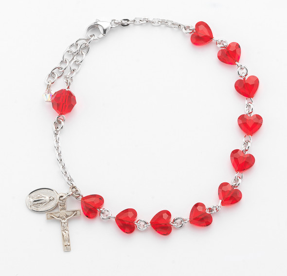 Sterling Silver Rosary Bracelet Created with 8mm Red Finest Austrian Crystal Heart Shape Beads by HMH