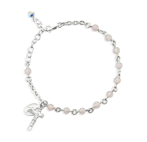 Genuine Round Rose Quartz Sterling Silver Rosary Bracelet