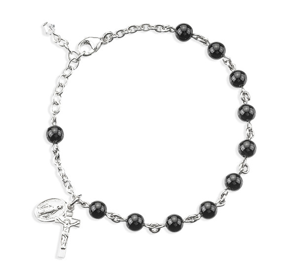 Genuine Onyx Round Sterling Silver Rosary Bracelet