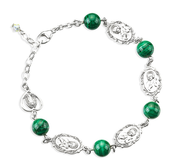 Malachite Round Saint Jude Sterling Silver Rosary Bracelet