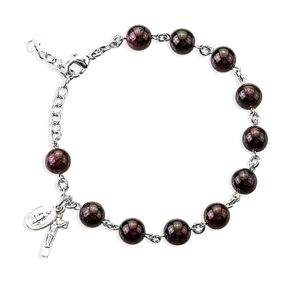 Genuine Garnet Round Sterling Silver Rosary Bracelet