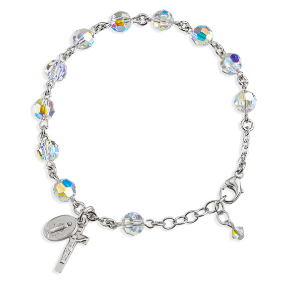 Sterling Silver Rosary Bracelet Created with 7mm Aurora Borealis Finest Austrian Crystal Round Beads by HMH