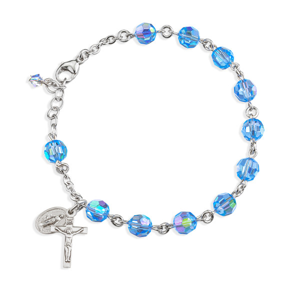 Sterling Silver Rosary Bracelet Created with 7mm Light Sapphire Finest Austrian Crystal Round Beads by HMH