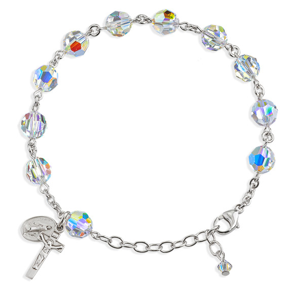 Sterling Silver Rosary Bracelet Created with 8mm Aurora Borealis Finest Austrian Crystal Round Beads by HMH