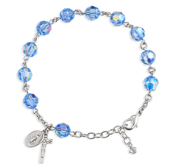 Sterling Silver Rosary Bracelet Created with 8mm Light Sapphire Finest Austrian Crystal Round Beads by HMH
