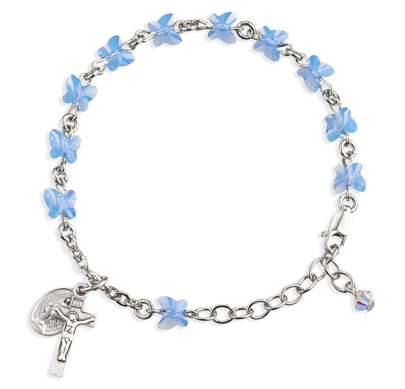 Sterling Silver Rosary Bracelet Created with 6mm Blue Opal Finest Austrian Crystal Butterfly Beads by HMH
