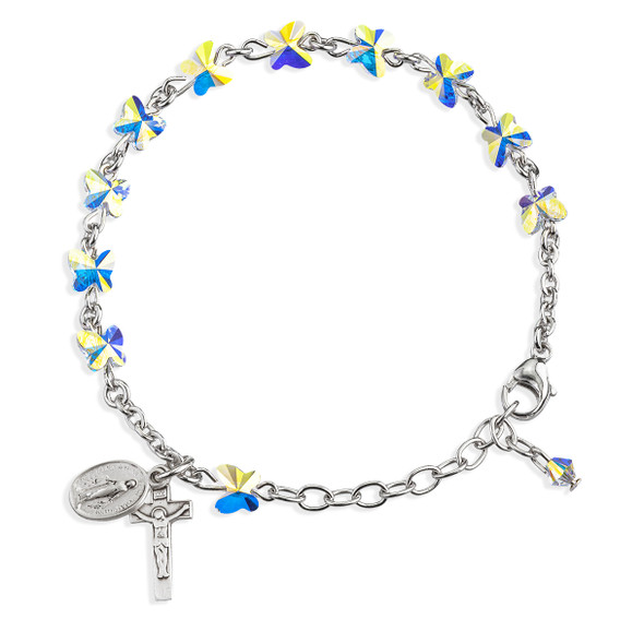 Sterling Silver Rosary Bracelet Created with 6mm Aurora Borealis Finest Austrian Crystal Butterfly Beads by HMH