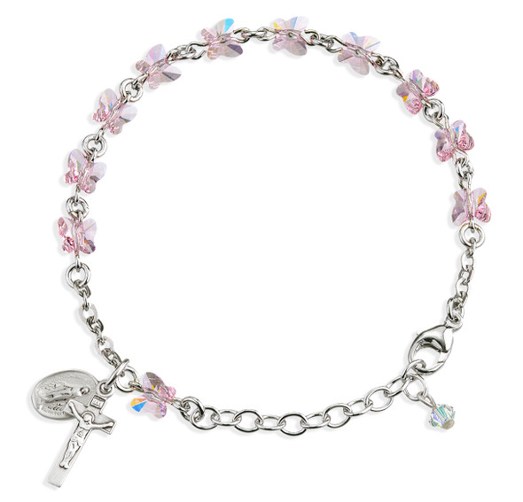 Sterling Silver Rosary Bracelet Created with 6mm Light Rose Finest Austrian Crystal Butterfly Beads by HMH