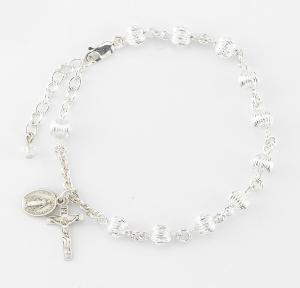 Corrugated Embossed Round Sterling Silver Rosary Bracelet