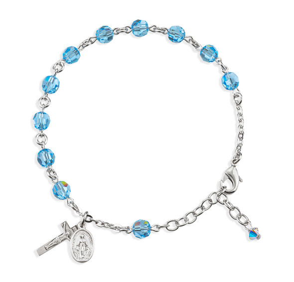 Sterling Silver Rosary Bracelet Created with 6mm Aqua Finest Austrian Crystal Round Beads by HMH