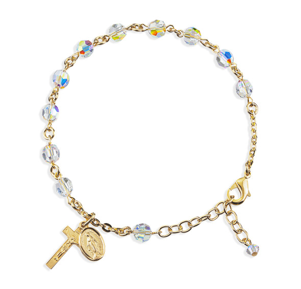 Gold Over Sterling Silver Rosary Bracelet Created with 6mm Aurora Borealis Finest Austrian Crystal Round Beads by HMH