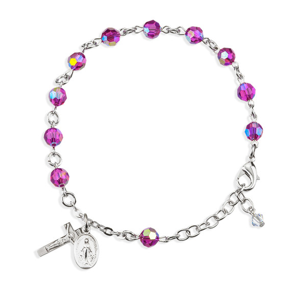 Sterling Silver Rosary Bracelet Created with 6mm Fuchsia Finest Austrian Crystal Round Beads by HMH
