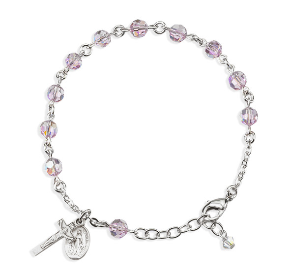Sterling Silver Rosary Bracelet Created with 6mm Light Amethyst Finest Austrian Crystal Round Beads by HMH