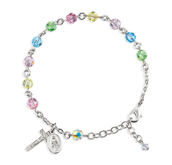 Sterling Silver Rosary Bracelet Created with 6mm Multi-Color Finest Austrian Crystal Round Beads by HMH