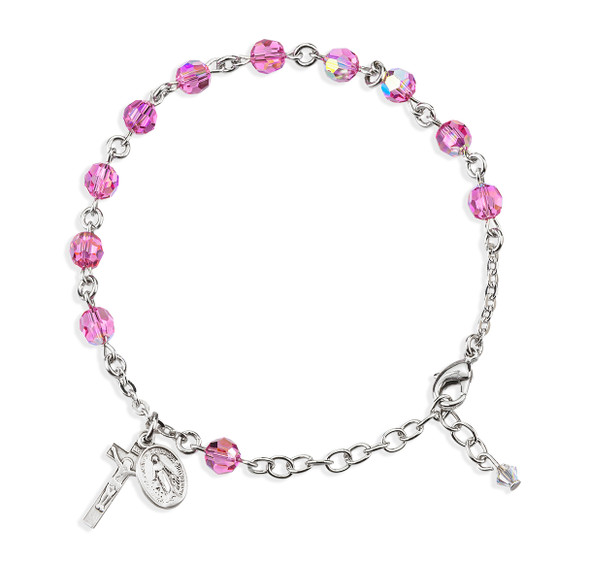 Sterling Silver Rosary Bracelet Created with 6mm Pink Finest Austrian Crystal Round Beads by HMH