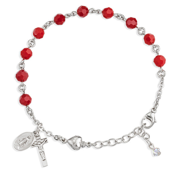 Sterling Silver Rosary Bracelet Created with 6mm Coral Finest Austrian Crystal Round Beads by HMH